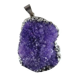 Purple Druzy Quartz Pendant 2" Raw Crystal Geode Electroplated Edge Necklace